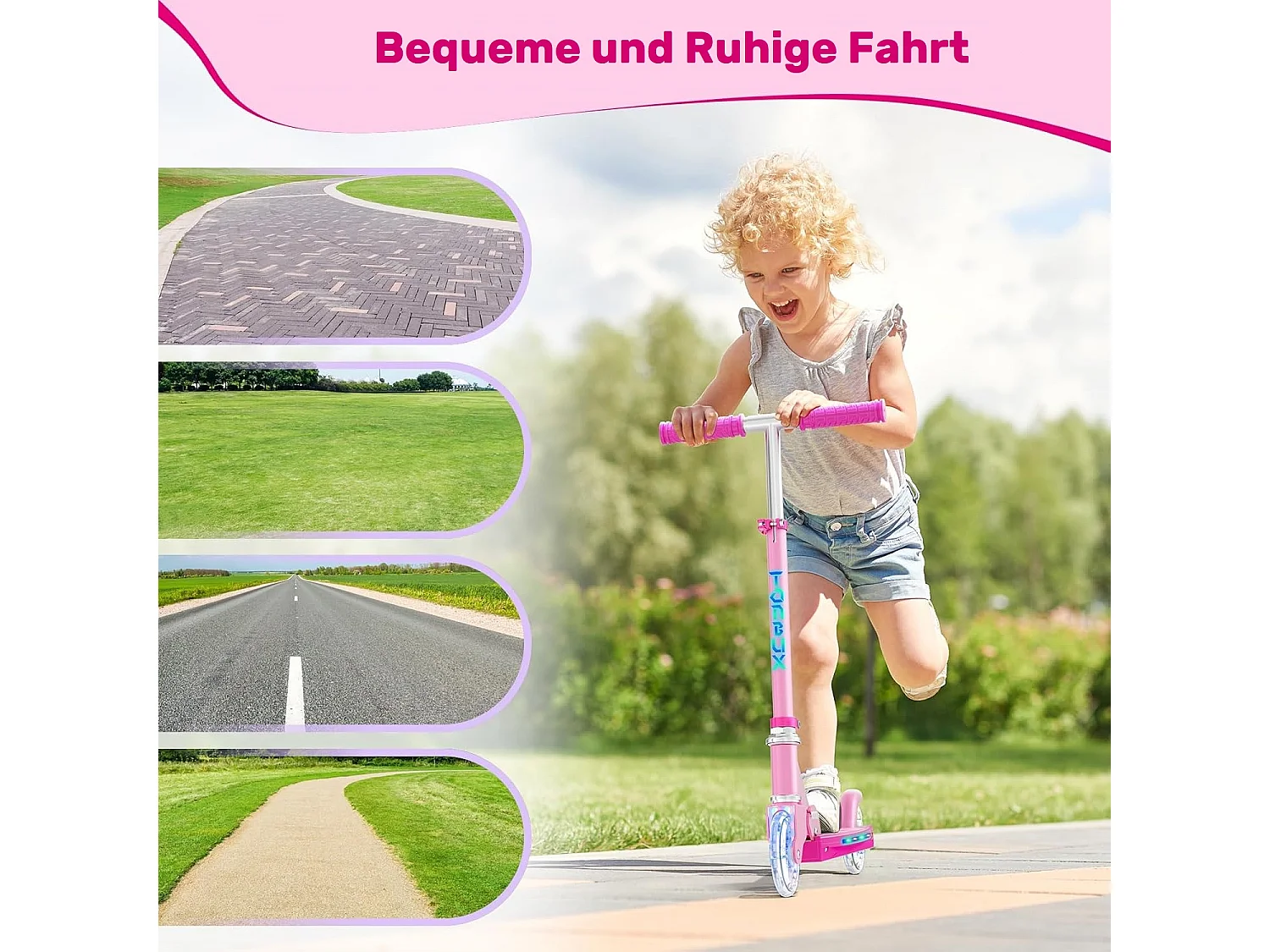 Trottinette Enfant TONBUX avec 2 Roues Lumineuses, Potence et Plateforme, 3 Poignées Réglables en Hauteur, Légère, pour 5-12 Ans