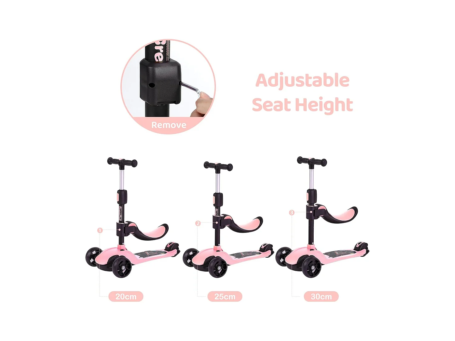 Trottinette Enfant BremToy avec Siège Amovible et Roues PU LED, Trottinette Enfant Pliable pour Enfants de 2 à 12 Ans