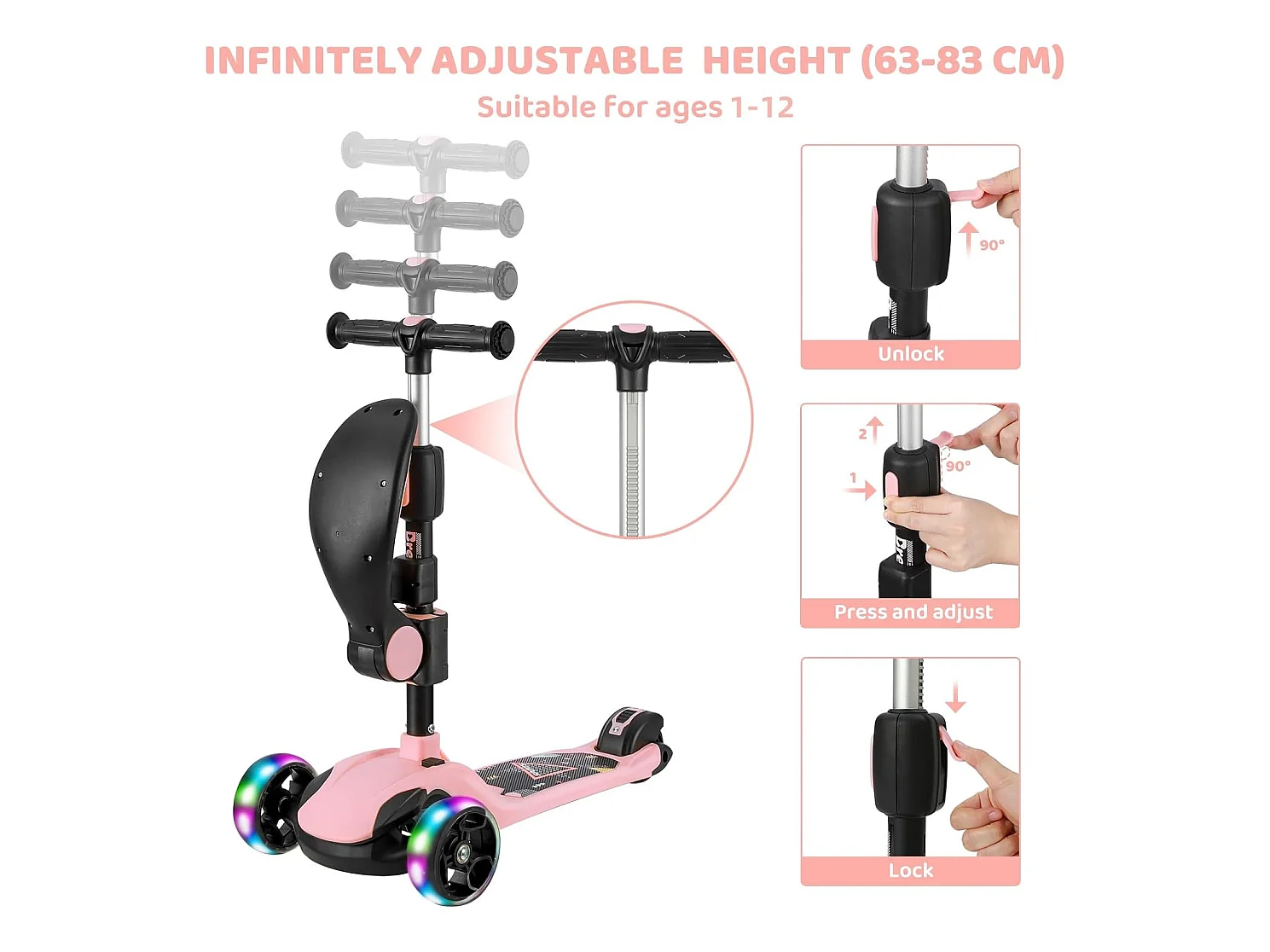Trottinette Enfant BremToy avec Siège Amovible et Roues PU LED, Trottinette Enfant Pliable pour Enfants de 2 à 12 Ans