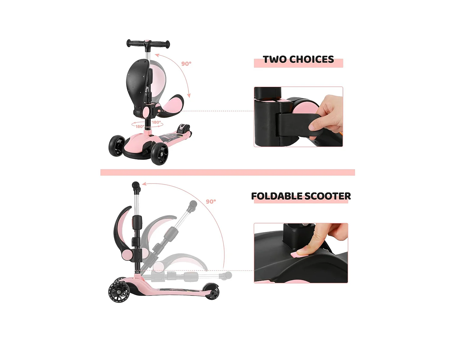 Trottinette Enfant BremToy avec Siège Amovible et Roues PU LED, Trottinette Enfant Pliable pour Enfants de 2 à 12 Ans