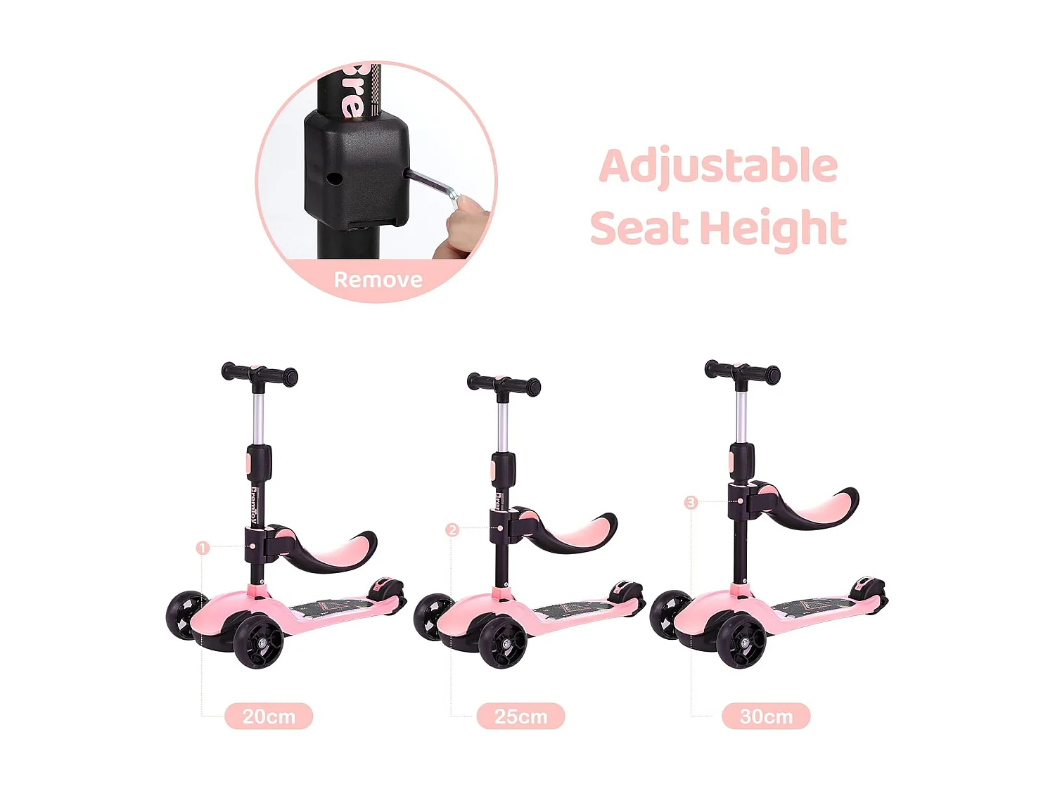 Trottinette Enfant BremToy avec Siège Amovible et Roues PU LED, Trottinette Enfant Pliable pour Enfants de 2 à 12 Ans