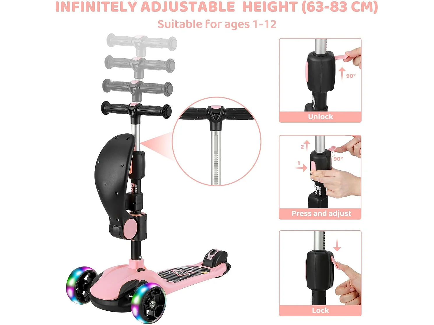 Trottinette Enfant BremToy avec Siège Amovible et Roues PU LED, Trottinette Enfant Pliable pour Enfants de 2 à 12 Ans