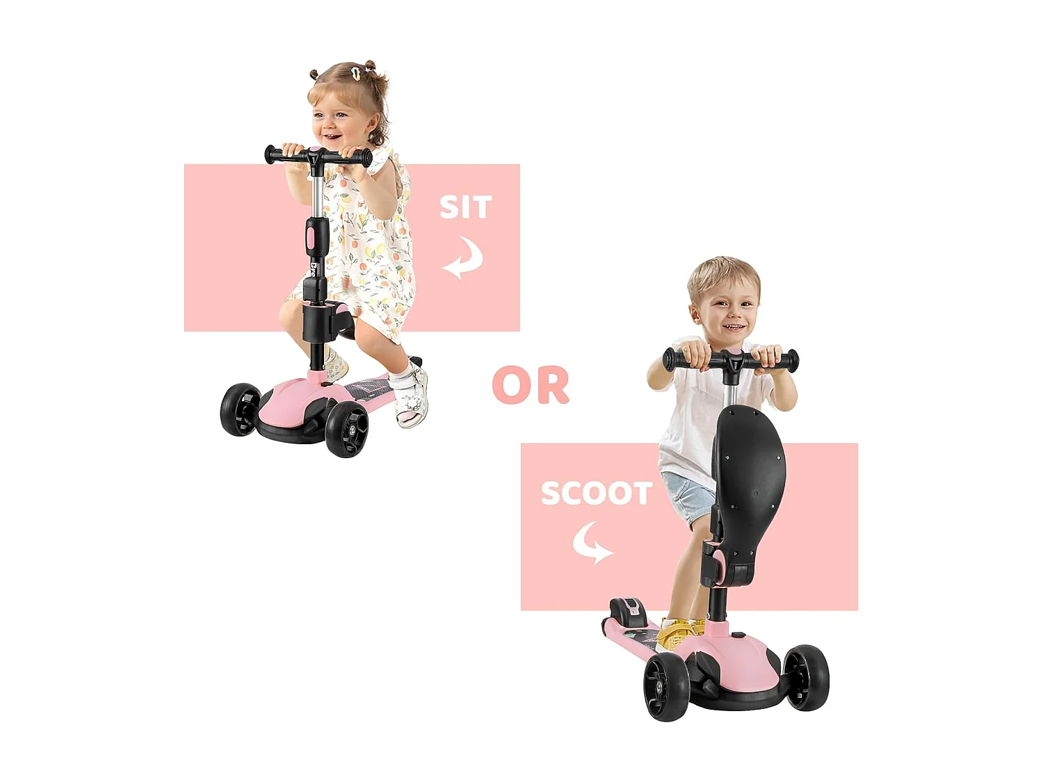 Trottinette Enfant BremToy avec Siège Amovible et Roues PU LED, Trottinette Enfant Pliable pour Enfants de 2 à 12 Ans