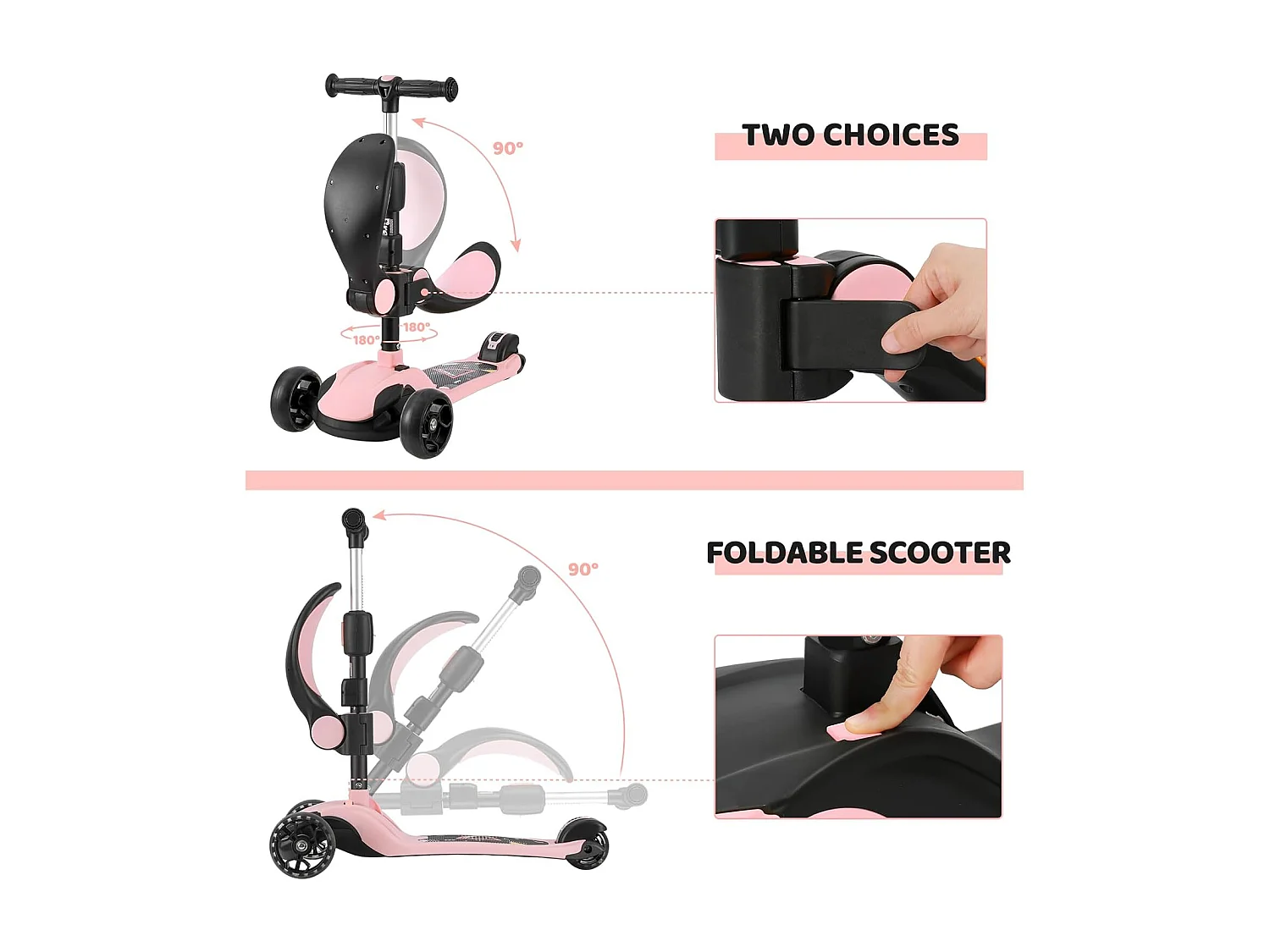 Trottinette Enfant BremToy avec Siège Amovible et Roues PU LED, Trottinette Enfant Pliable pour Enfants de 2 à 12 Ans