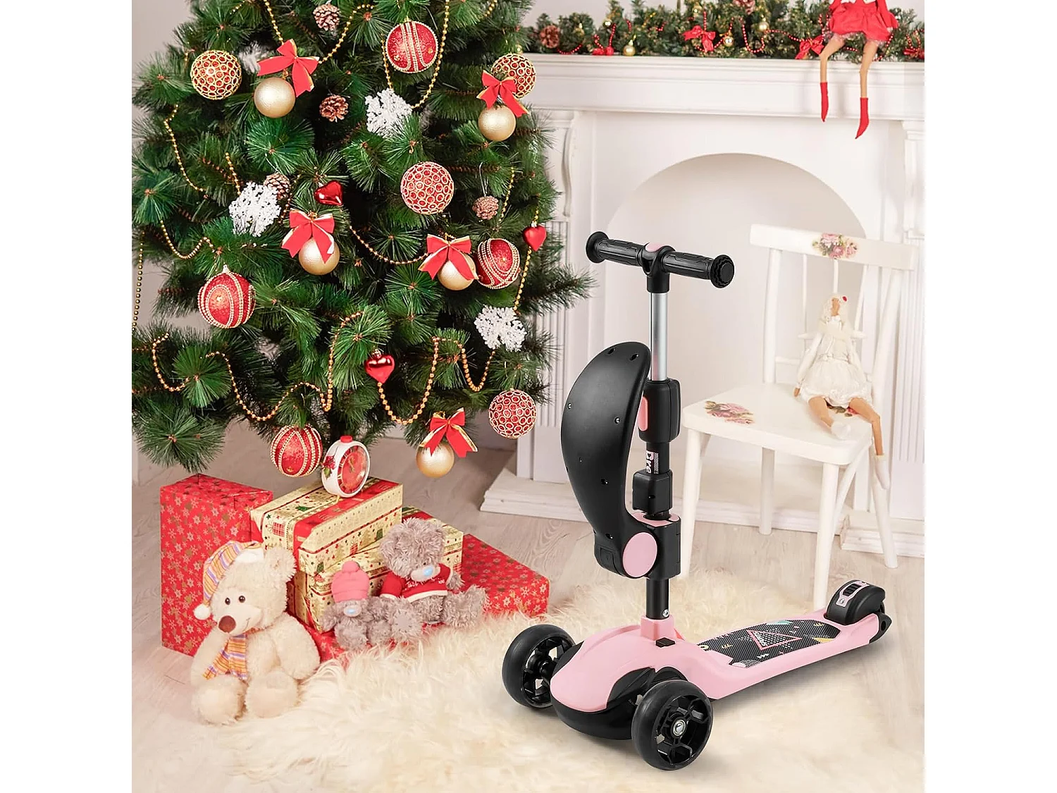 Trottinette Enfant BremToy avec Siège Amovible et Roues PU LED, Trottinette Enfant Pliable pour Enfants de 2 à 12 Ans