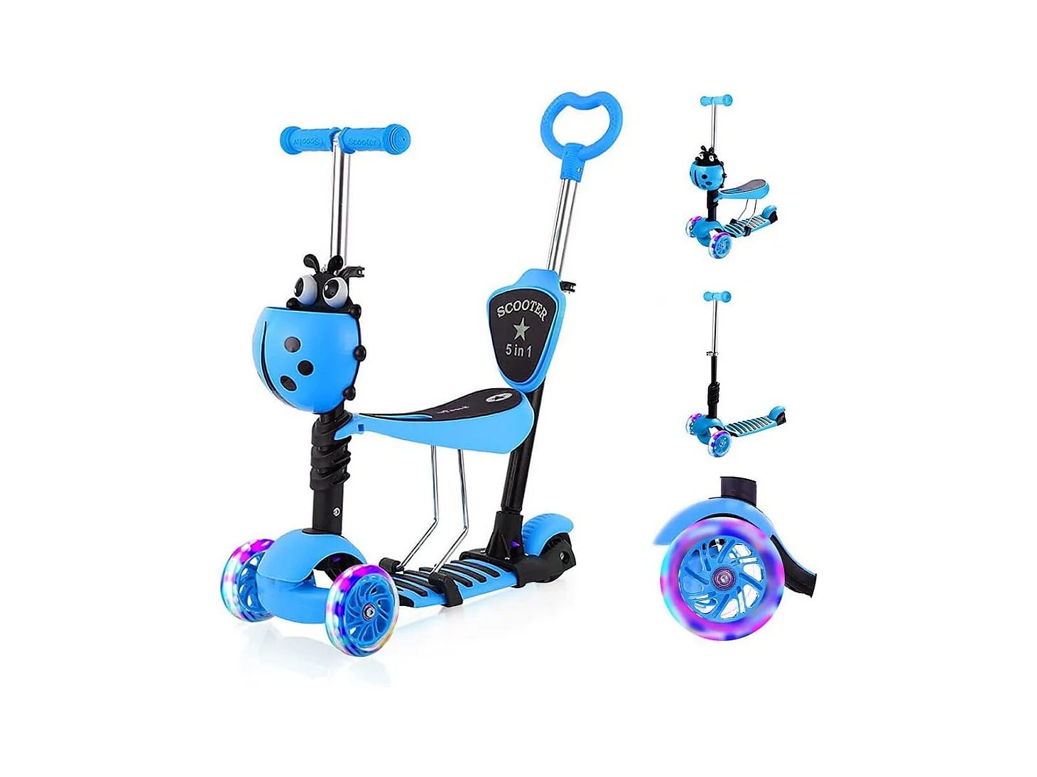 Trotinette Enfant 5-en-1 avec Panier Cartoon Amovible, Siège, Barre de Poussée, Roues LED, Dossier Confortable, Hauteur Réglable dès 2 Ans, bleue