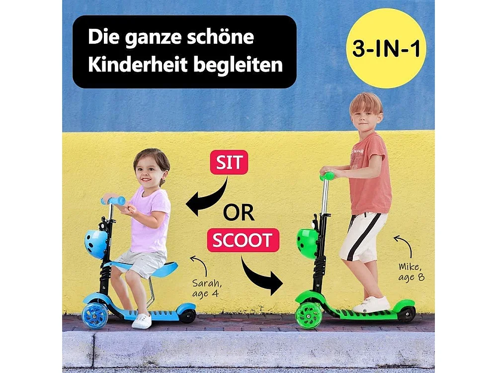 Trotinette Enfant 5-en-1 avec Panier Cartoon Amovible, Siège, Barre de Poussée, Roues LED, Dossier Confortable, Hauteur Réglable dès 2 Ans, bleue