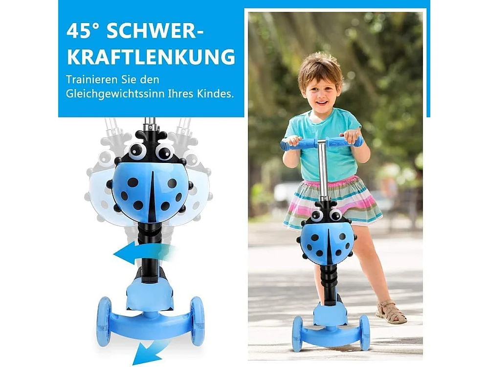 Trotinette Enfant 5-en-1 avec Panier Cartoon Amovible, Siège, Barre de Poussée, Roues LED, Dossier Confortable, Hauteur Réglable dès 2 Ans, bleue