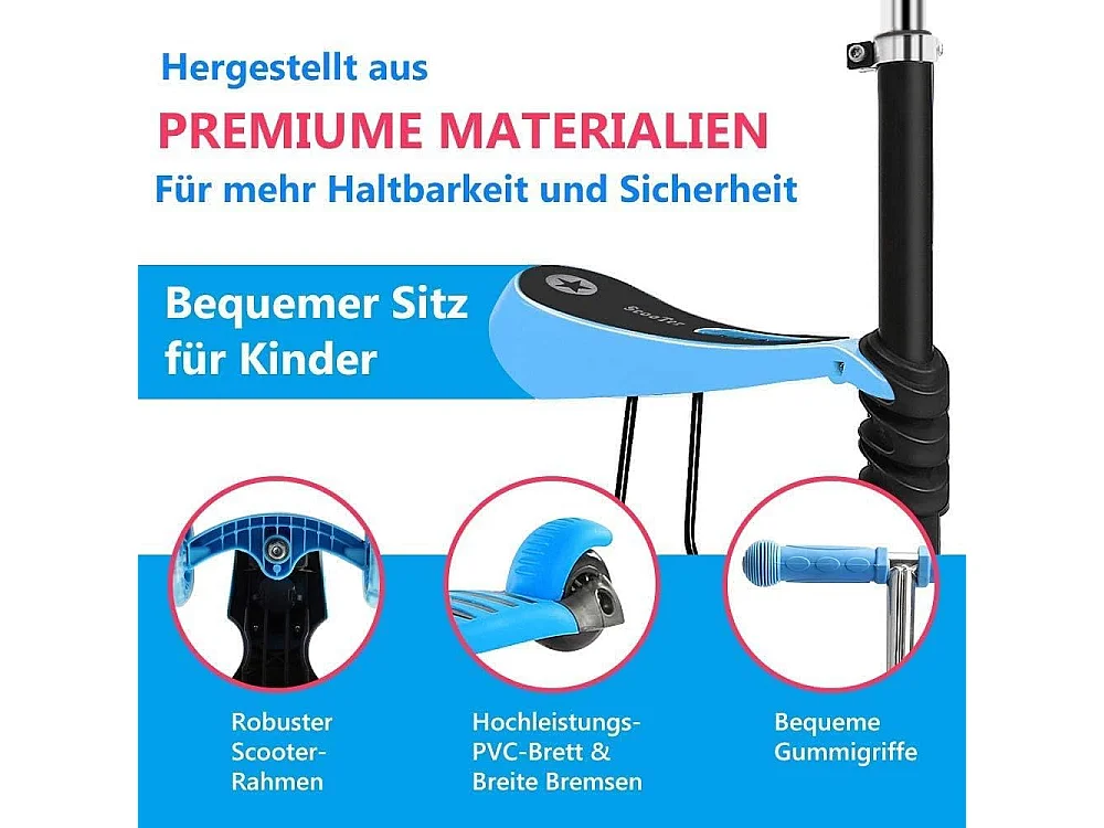 5-in-1 Kinderstep met Afneembare Cartoon Mand, Zitje, Duwstang, LED-wielen, Comfortabele Rugleuning, Hoogteverstelbaar vanaf 2 Jaar, blauw