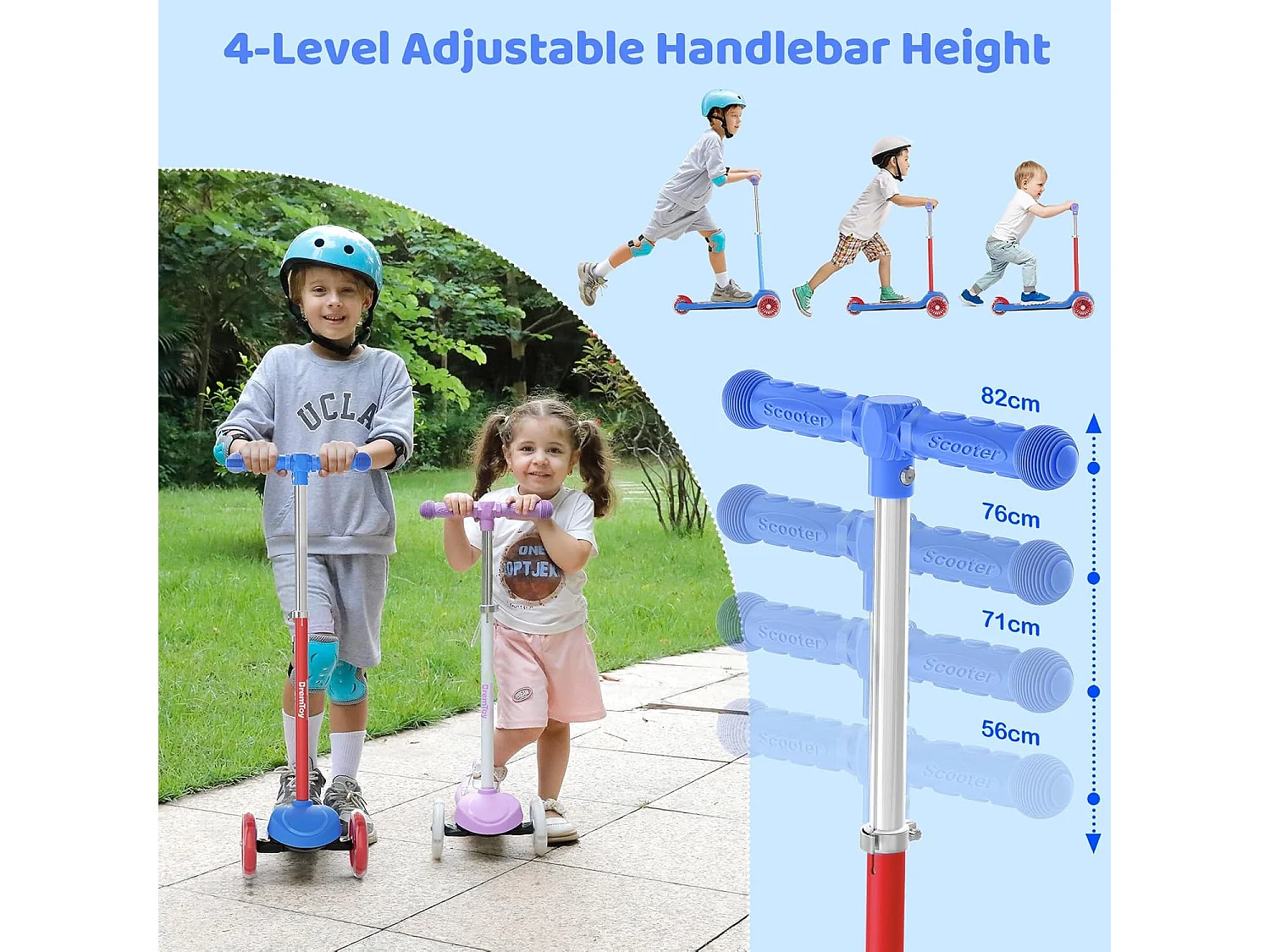 Trottinette Enfant BremToy avec Plateforme Lumineuse et Roues PU LED, 4 Niveaux de Réglage en Hauteur, Légère, pour Débutants de 3 à 8 Ans