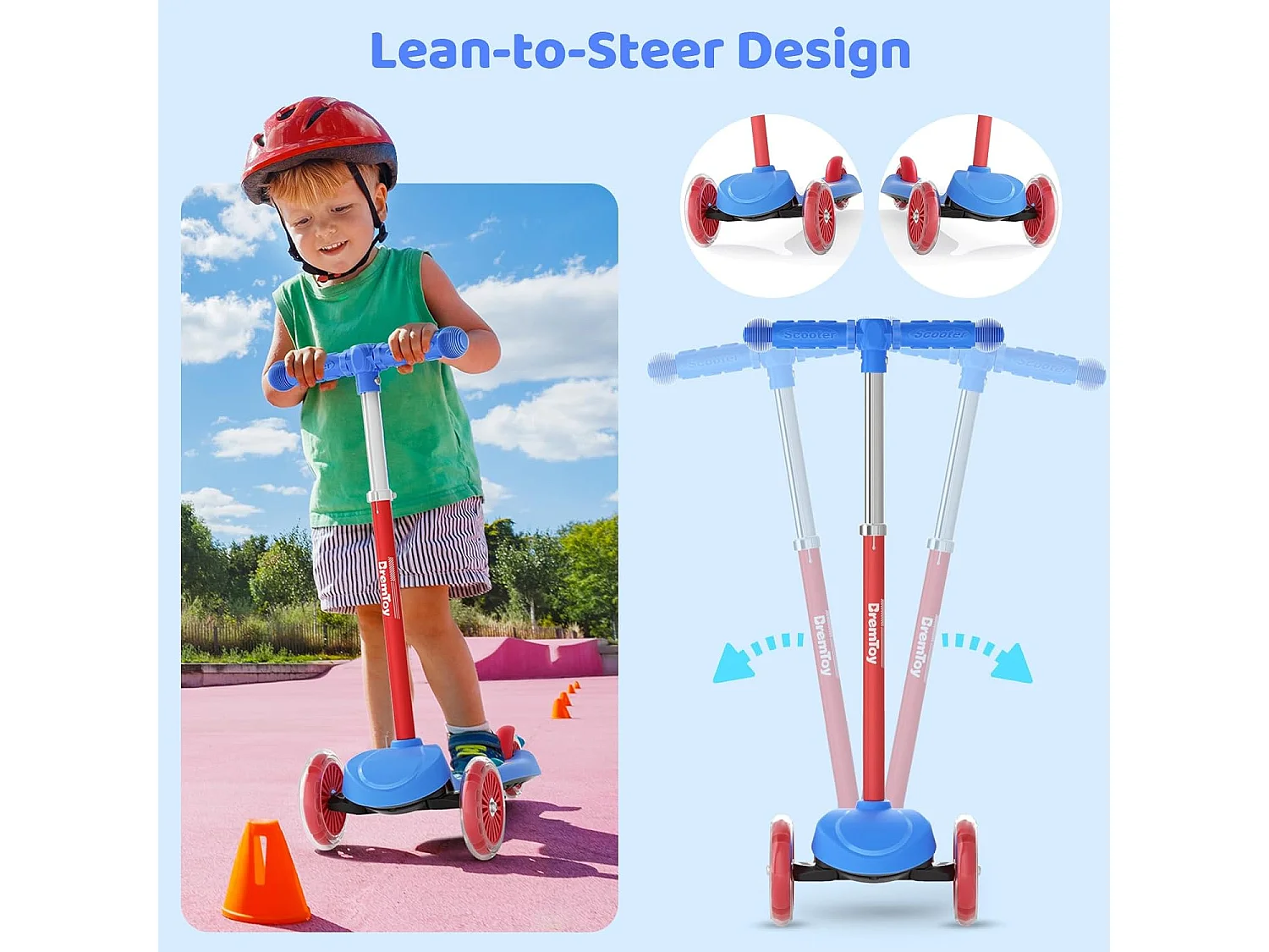 Trottinette Enfant BremToy avec Plateforme Lumineuse et Roues PU LED, 4 Niveaux de Réglage en Hauteur, Légère, pour Débutants de 3 à 8 Ans