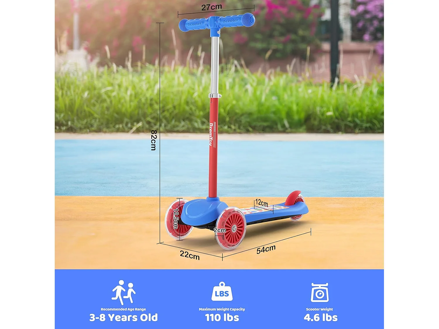 Trottinette Enfant BremToy avec Plateforme Lumineuse et Roues PU LED, 4 Niveaux de Réglage en Hauteur, Légère, pour Débutants de 3 à 8 Ans