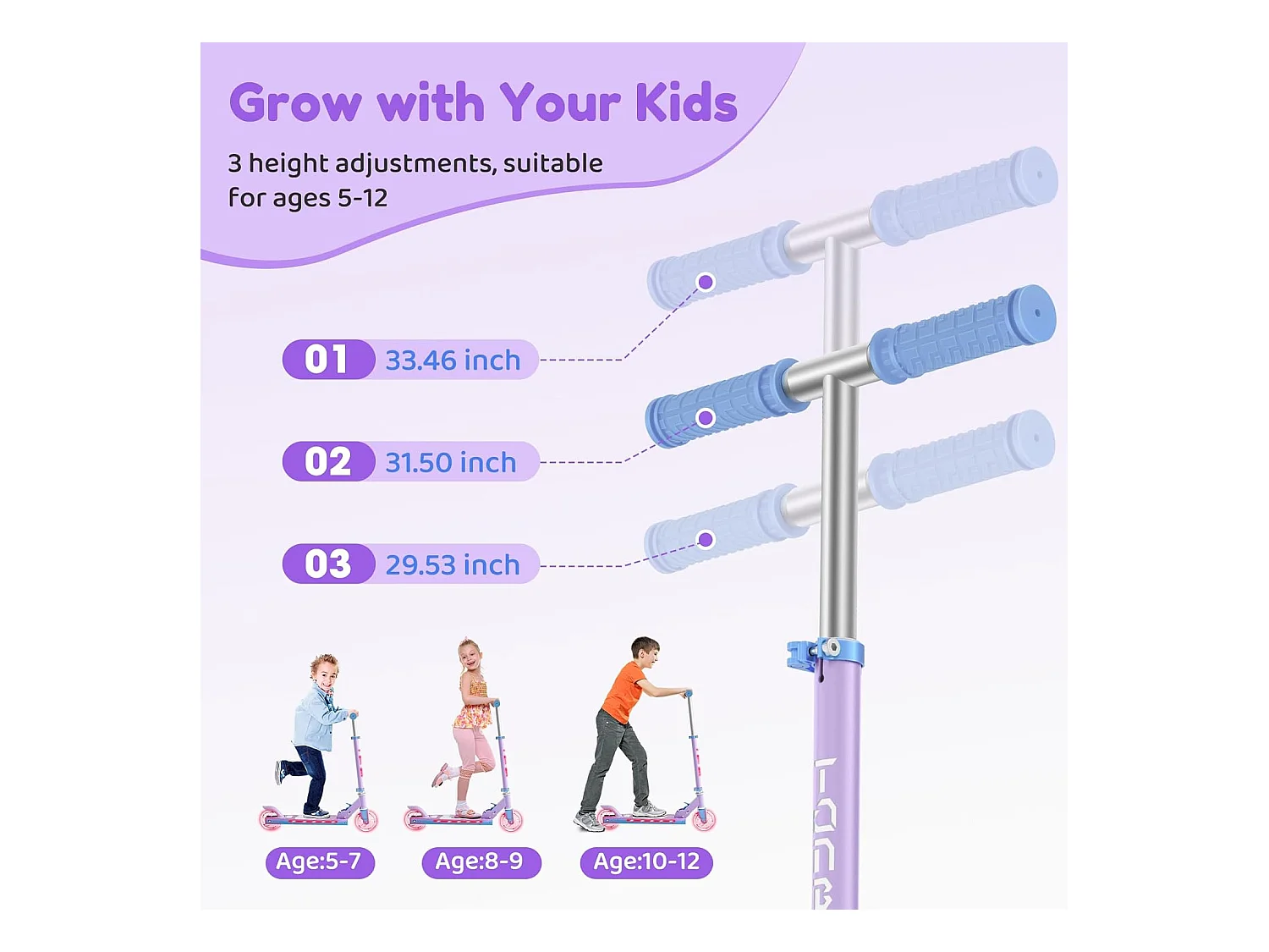 Trottinette Enfant TONBUX avec 2 Roues Lumineuses, Potence et Plateforme, 3 Poignées Réglables en Hauteur, Légère, pour 5-12 Ans