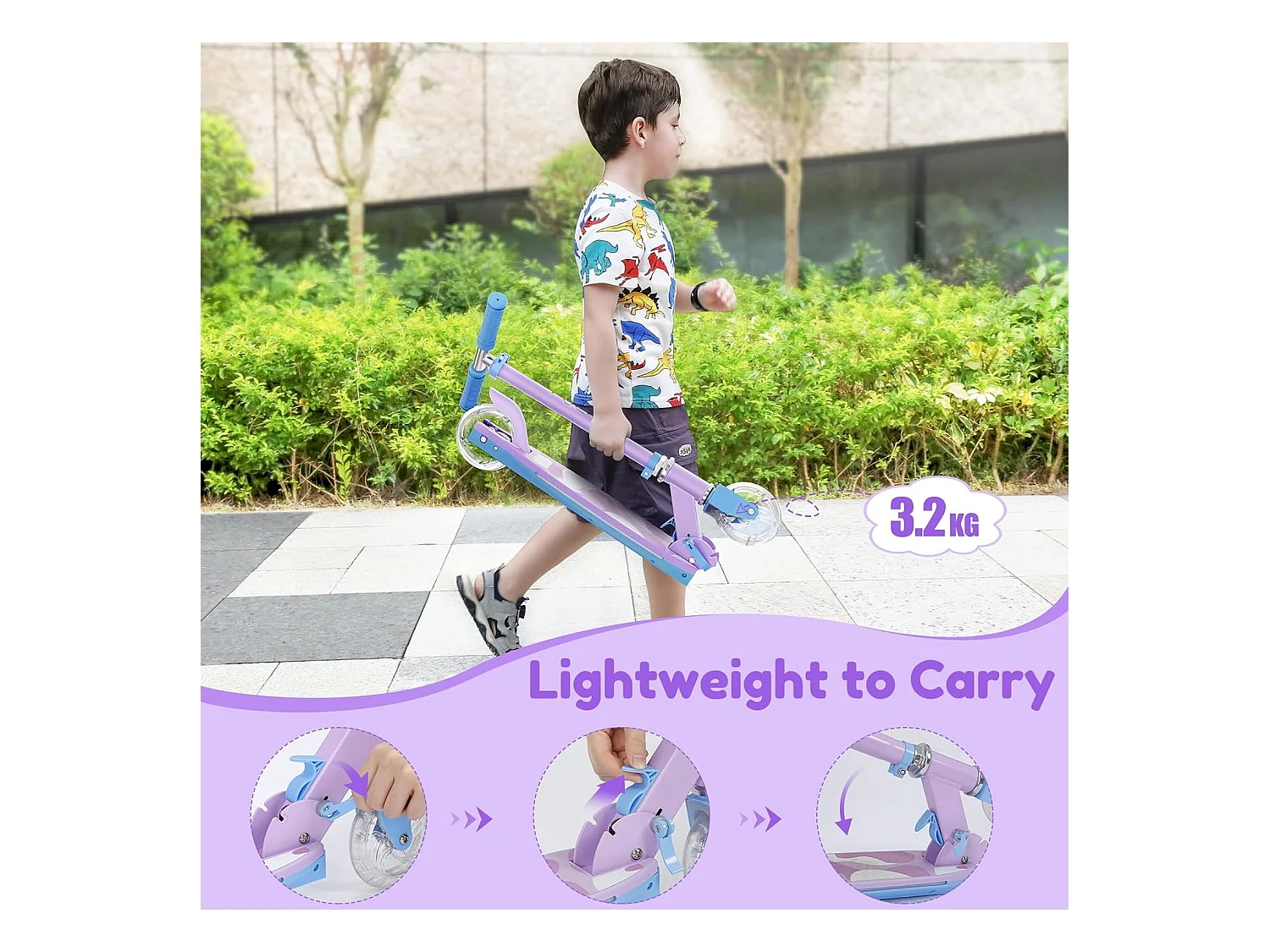 Trottinette Enfant TONBUX avec 2 Roues Lumineuses, Potence et Plateforme, 3 Poignées Réglables en Hauteur, Légère, pour 5-12 Ans