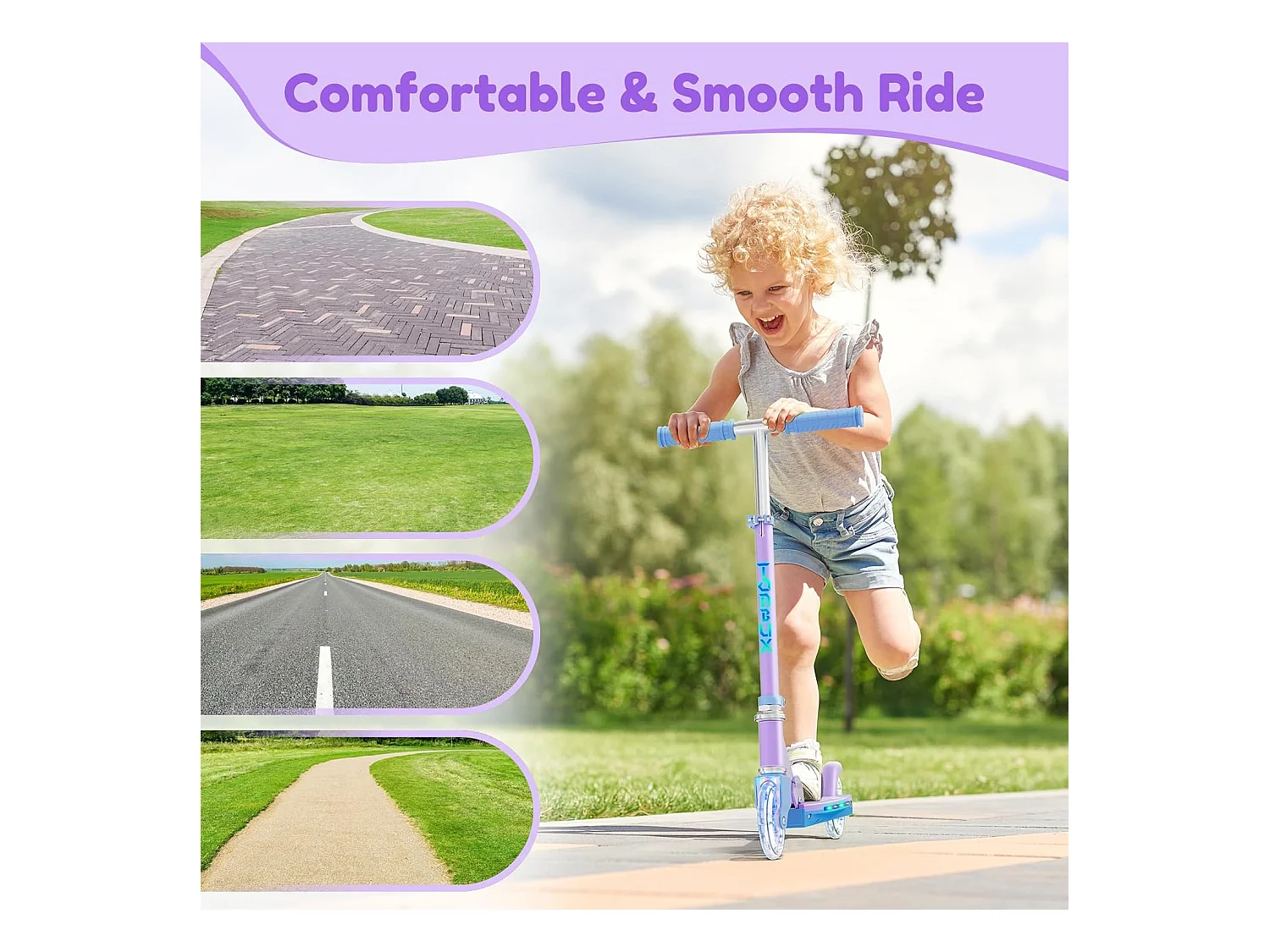 Trottinette Enfant TONBUX avec 2 Roues Lumineuses, Potence et Plateforme, 3 Poignées Réglables en Hauteur, Légère, pour 5-12 Ans