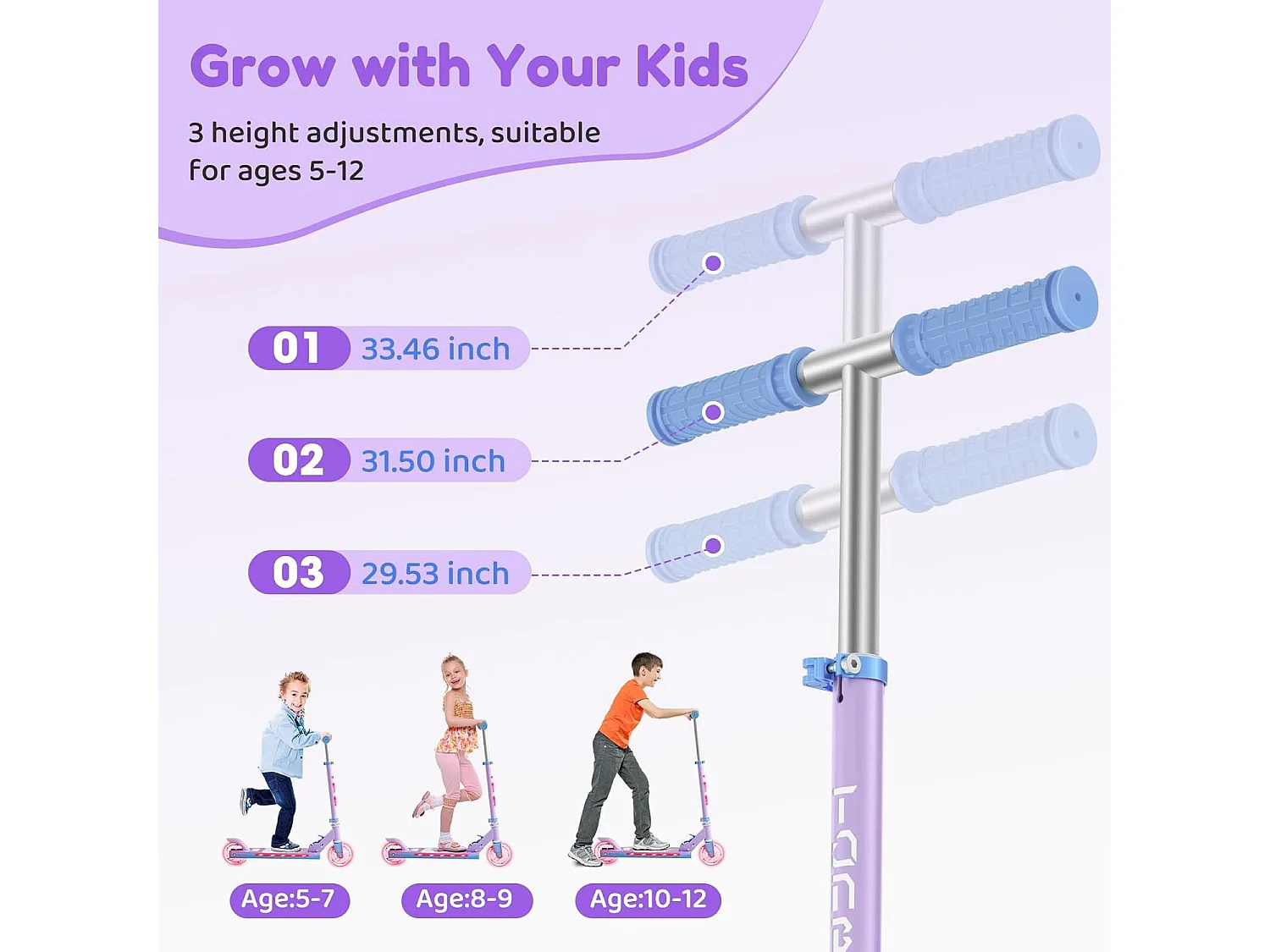 TONBUX Kinderstep met 2 Lichtgevende Wielenen, Stuurkolom en Deck, 3 Hoogteverstelbare Handvatten, Lichtgewicht, voor 5-12 Jaar