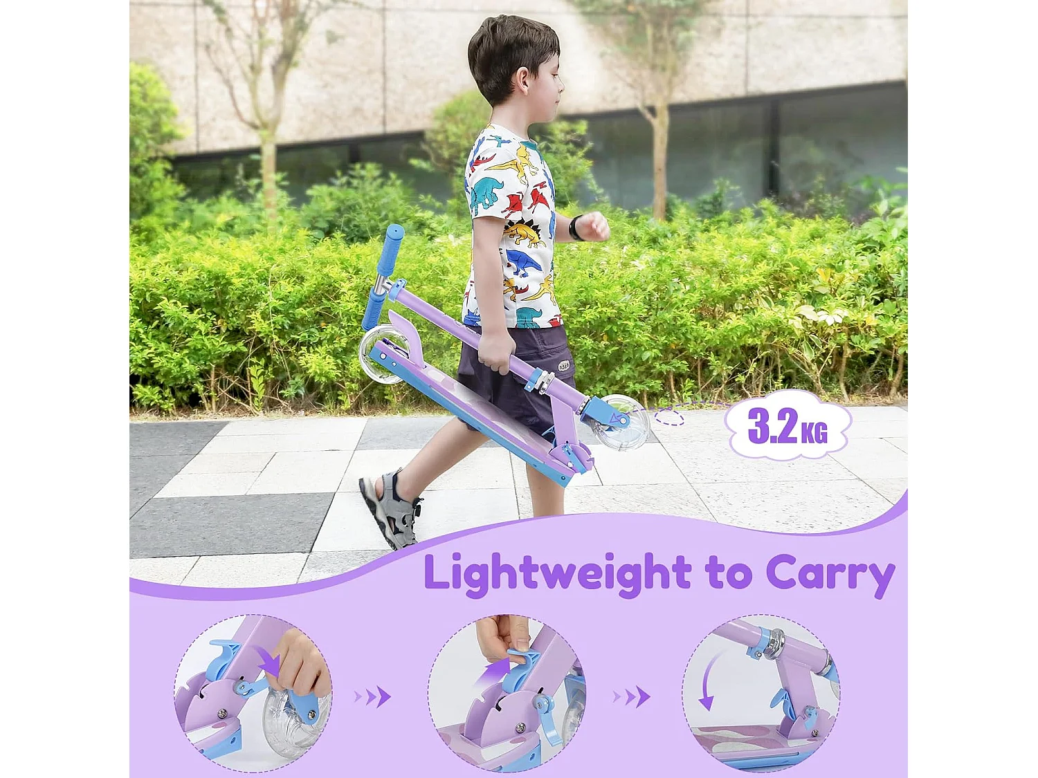 TONBUX Kinderstep met 2 Lichtgevende Wielenen, Stuurkolom en Deck, 3 Hoogteverstelbare Handvatten, Lichtgewicht, voor 5-12 Jaar