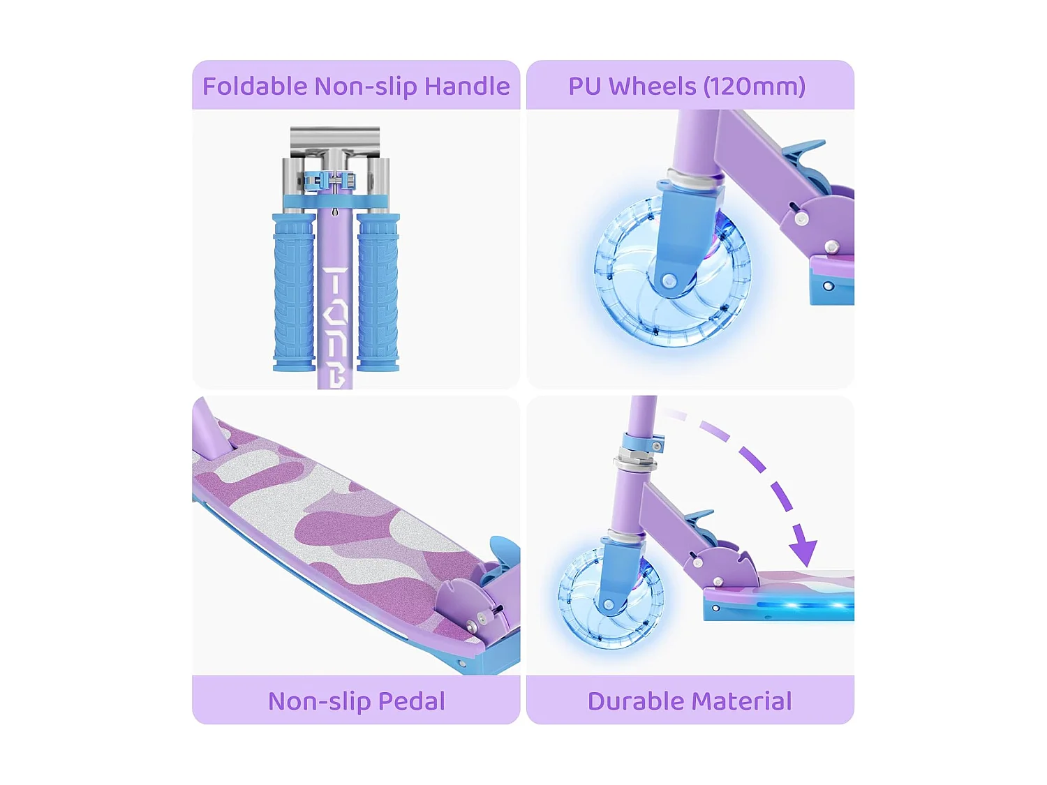 TONBUX Kinderstep met 2 Lichtgevende Wielenen, Stuurkolom en Deck, 3 Hoogteverstelbare Handvatten, Lichtgewicht, voor 5-12 Jaar