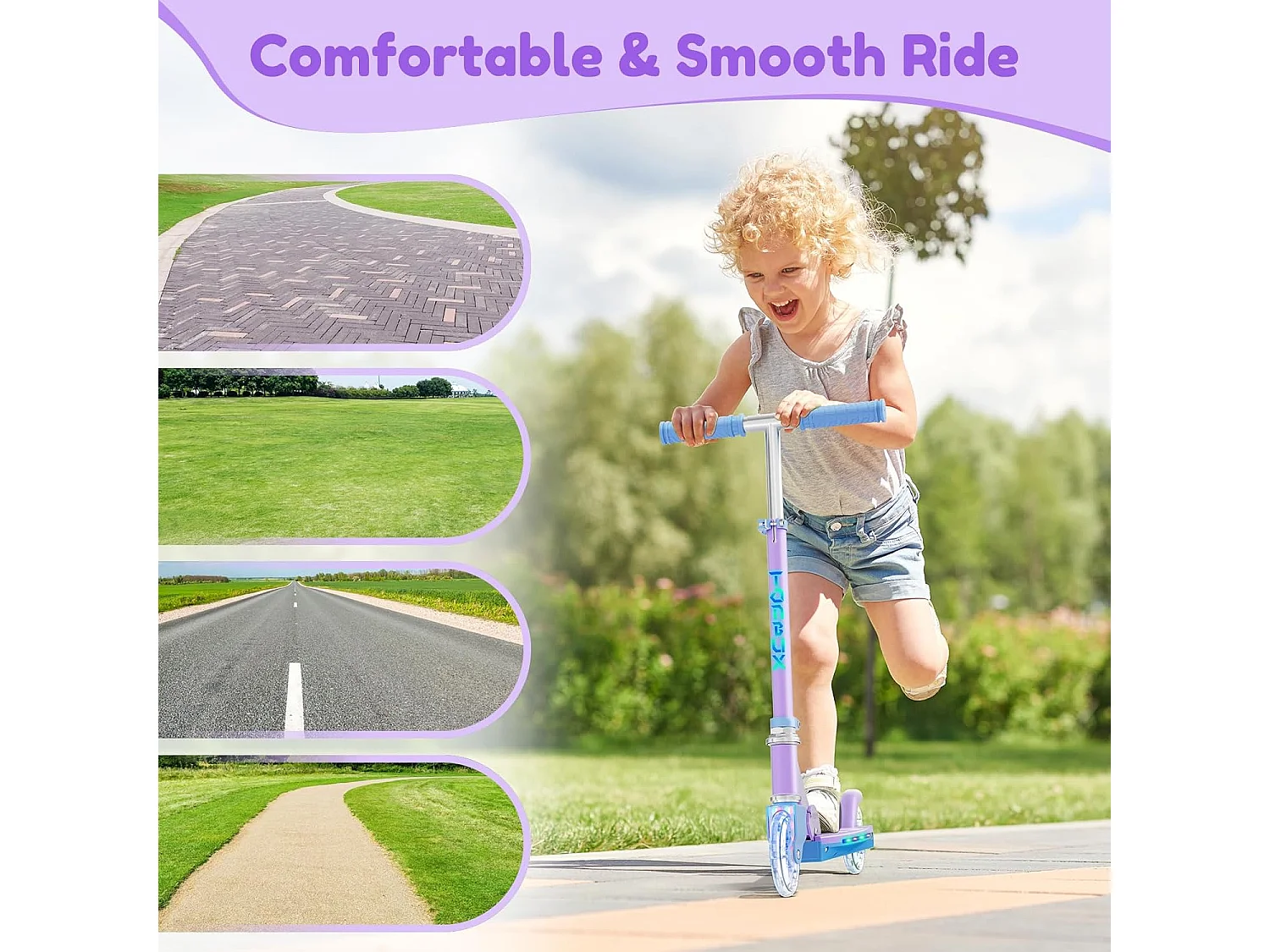 TONBUX Kinderstep met 2 Lichtgevende Wielenen, Stuurkolom en Deck, 3 Hoogteverstelbare Handvatten, Lichtgewicht, voor 5-12 Jaar