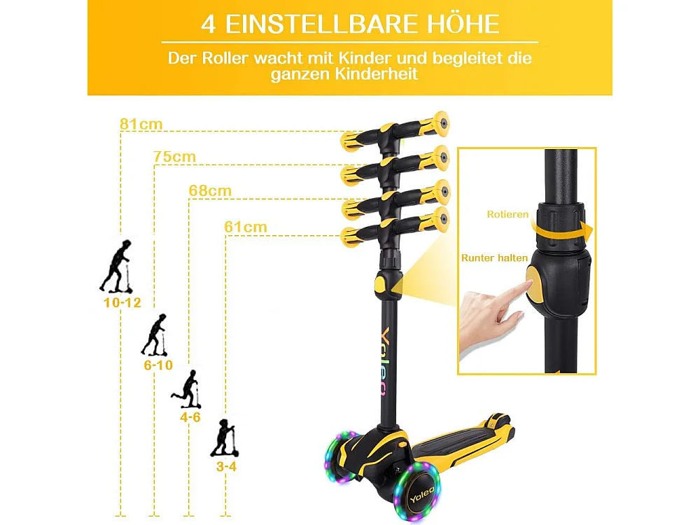 Trottinette Enfant YOLEO avec 4 Hauteurs Réglables, Roues Lumineuses LED, pour 3-12 Ans