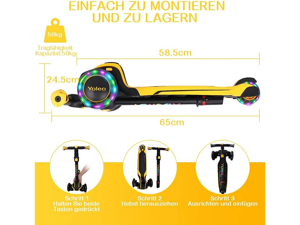 Trottinette Enfant YOLEO avec 4 Hauteurs Réglables, Roues Lumineuses LED, pour 3-12 Ans