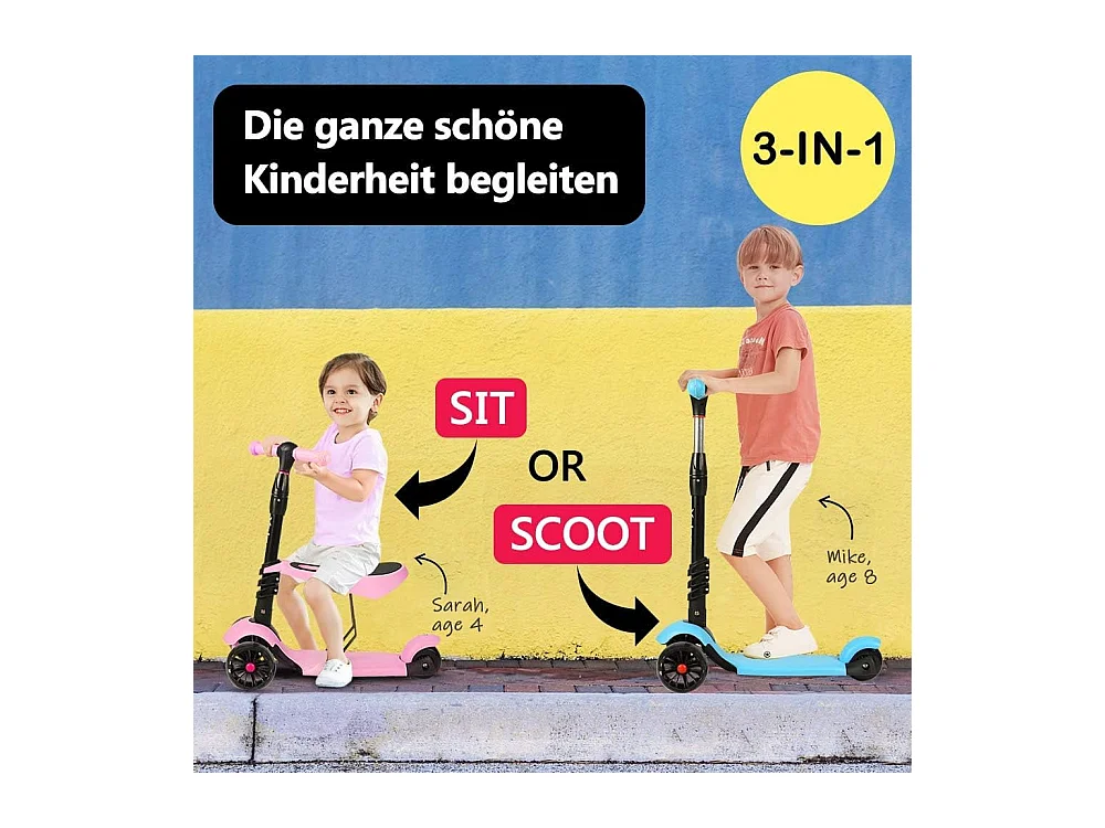 Trottinette 3-en-1 pour Enfant avec Siège Amovible, Grandes Roues LED, Réglable en Hauteur à partir de 2 Ans, rose