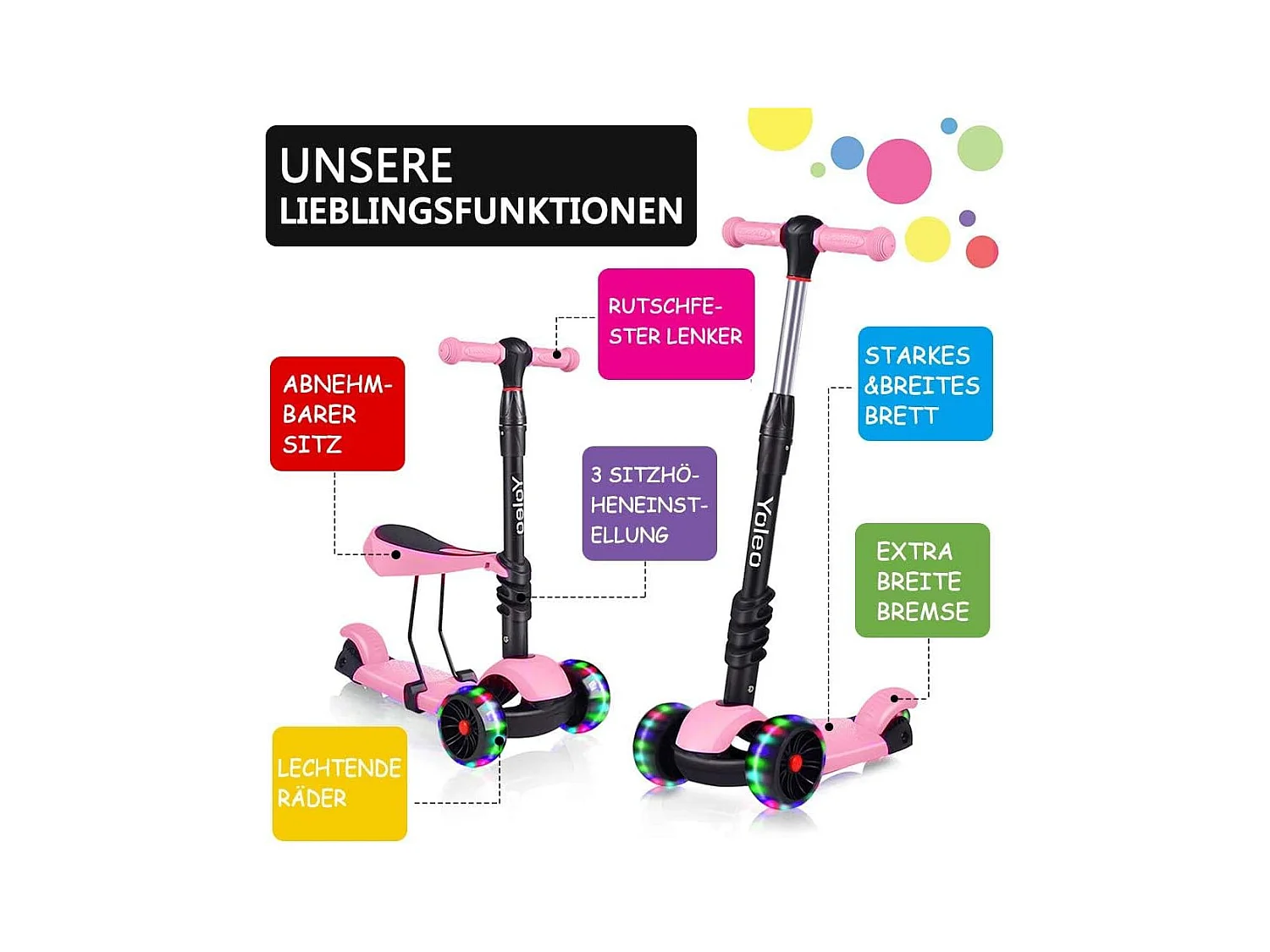 Trottinette 3-en-1 pour Enfant avec Siège Amovible, Grandes Roues LED, Réglable en Hauteur à partir de 2 Ans, rose