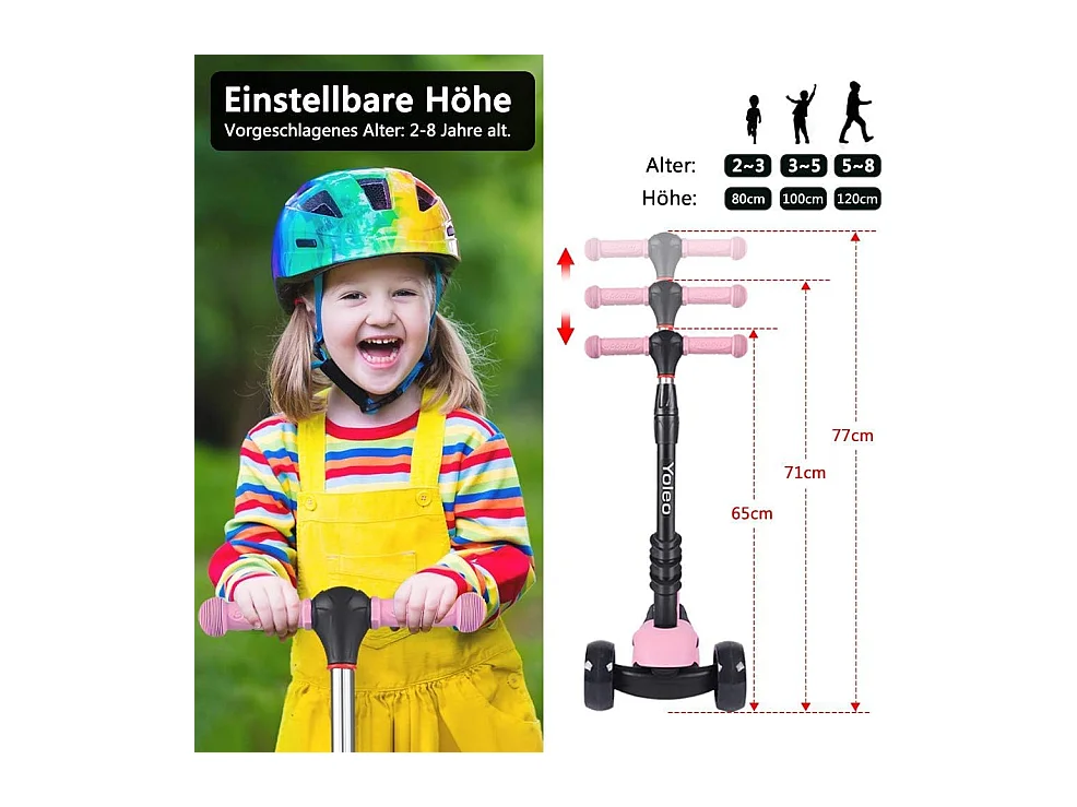 Trottinette 3-en-1 pour Enfant avec Siège Amovible, Grandes Roues LED, Réglable en Hauteur à partir de 2 Ans, rose