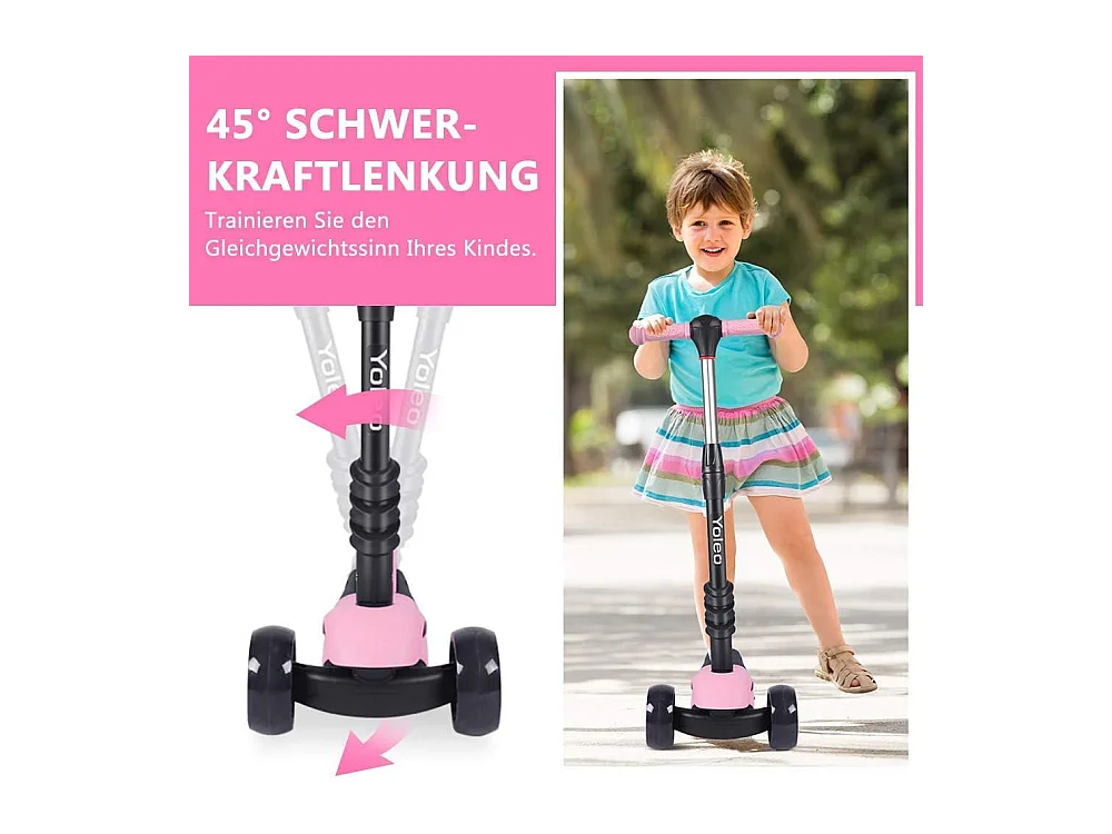 Trottinette 3-en-1 pour Enfant avec Siège Amovible, Grandes Roues LED, Réglable en Hauteur à partir de 2 Ans, rose