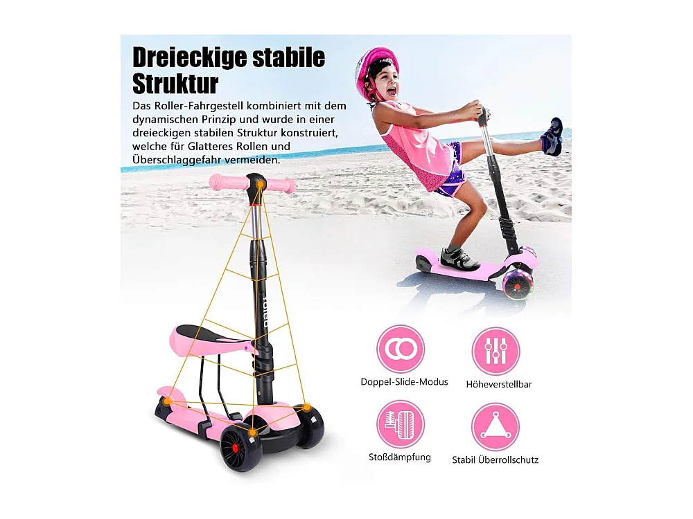 Trottinette 3-en-1 pour Enfant avec Siège Amovible, Grandes Roues LED, Réglable en Hauteur à partir de 2 Ans, rose