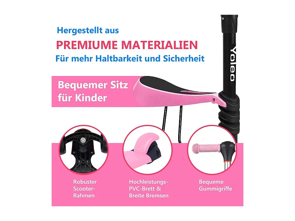 Trottinette 3-en-1 pour Enfant avec Siège Amovible, Grandes Roues LED, Réglable en Hauteur à partir de 2 Ans, rose