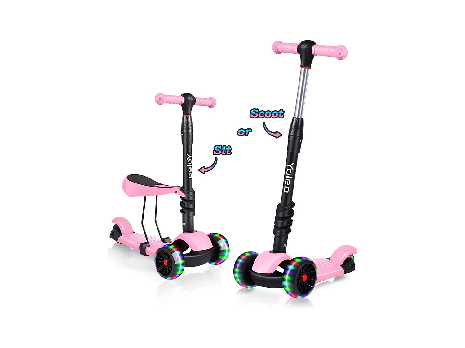 Monopattino 3-in-1 per Bambini con Sede Rimovibile, Ruote Grandi a LED, Altezza Regolabile dai 2 Anni, rosa