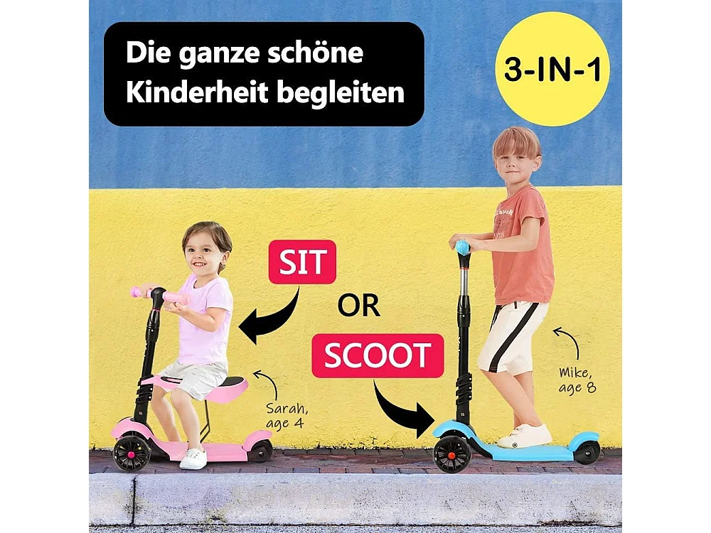 3-in-1 Kinderstep met Verwijderbare Zitstoel, LED Grote Wielen, Hoogte Verstelbaar vanaf 2 Jaar, roze