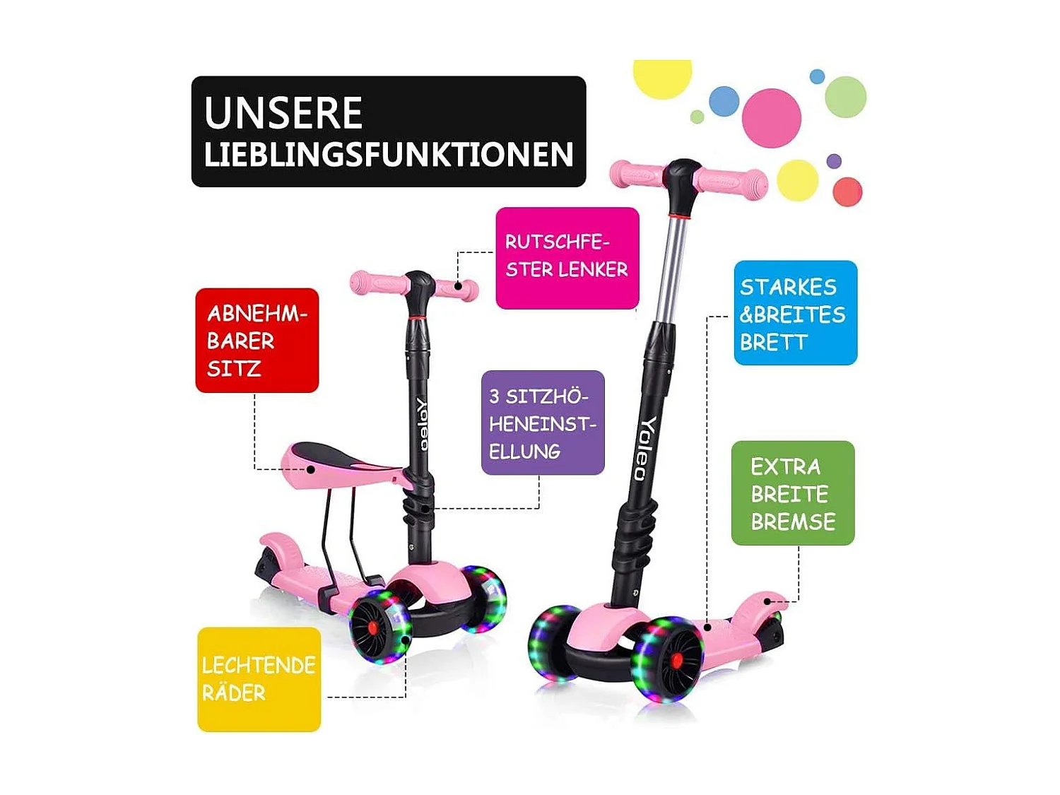 3-in-1 Kinderstep met Verwijderbare Zitstoel, LED Grote Wielen, Hoogte Verstelbaar vanaf 2 Jaar, roze