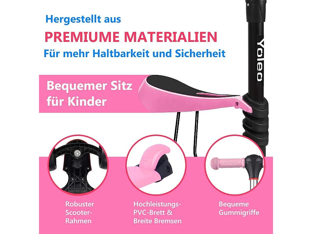3-in-1 Kinderstep met Verwijderbare Zitstoel, LED Grote Wielen, Hoogte Verstelbaar vanaf 2 Jaar, roze