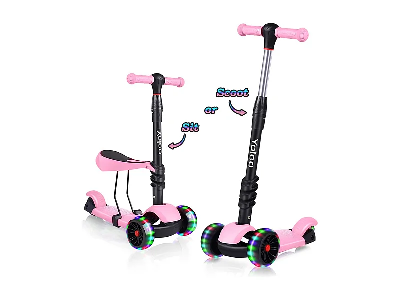 Trottinette 3-en-1 pour Enfant avec Siège Amovible, Grandes Roues LED, Réglable en Hauteur à partir de 2 Ans, rose