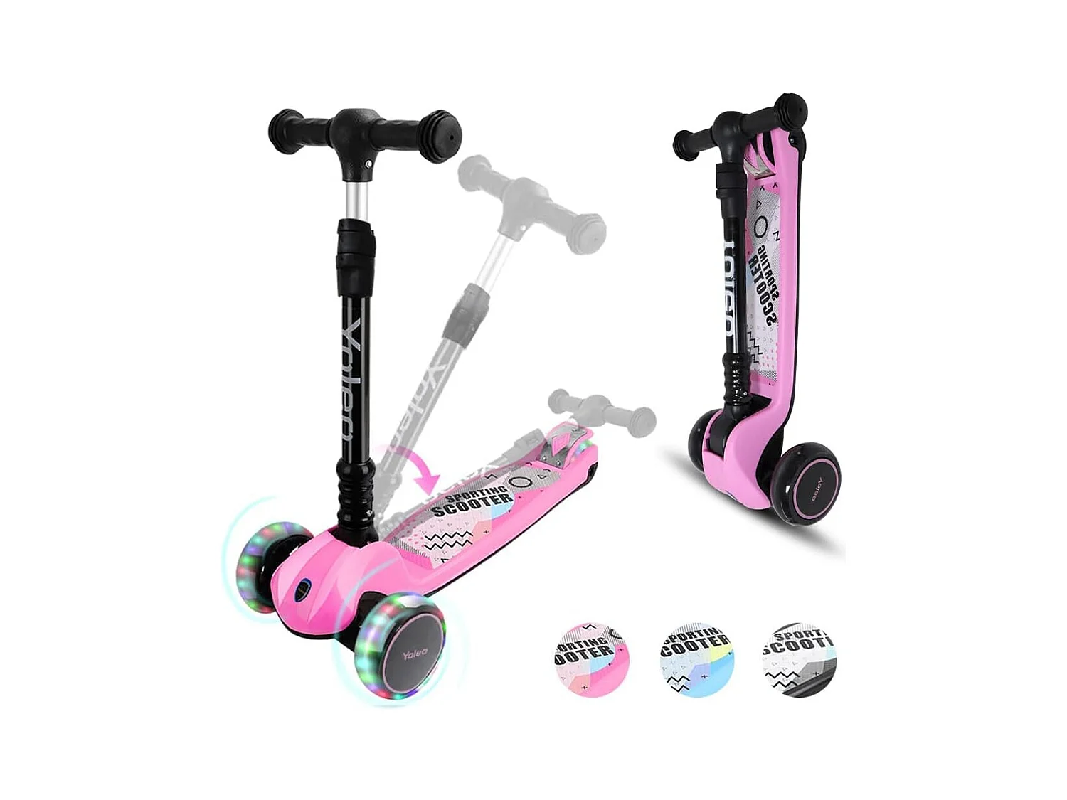 Trottinette Enfant YOLEO avec Roues LED, 4 Positions Réglables en Hauteur, Guidon Pliable, à partir de 3 Ans