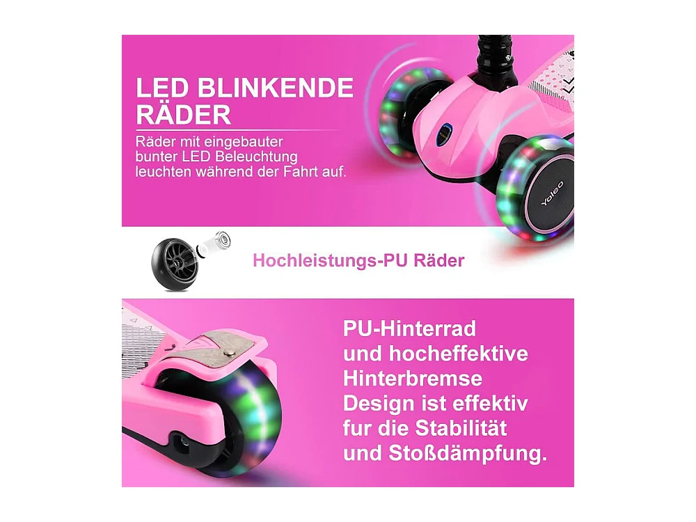 Trottinette Enfant YOLEO avec Roues LED, 4 Positions Réglables en Hauteur, Guidon Pliable, à partir de 3 Ans