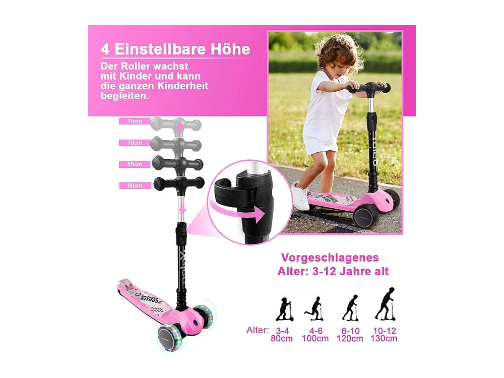 Trottinette Enfant YOLEO avec Roues LED, 4 Positions Réglables en Hauteur, Guidon Pliable, à partir de 3 Ans