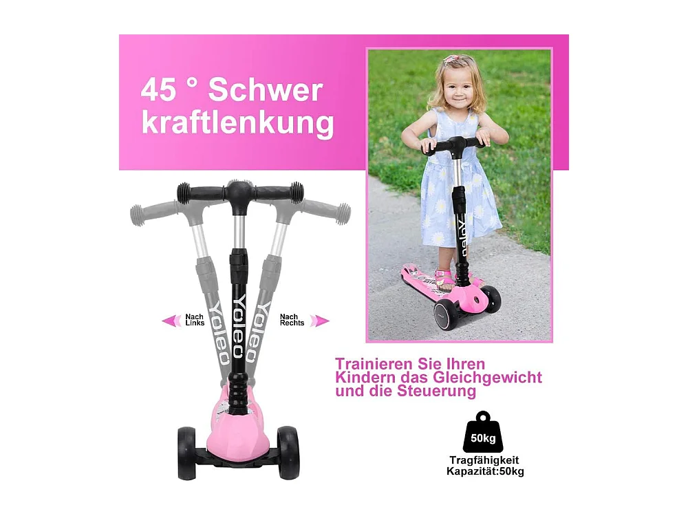 Trottinette Enfant YOLEO avec Roues LED, 4 Positions Réglables en Hauteur, Guidon Pliable, à partir de 3 Ans