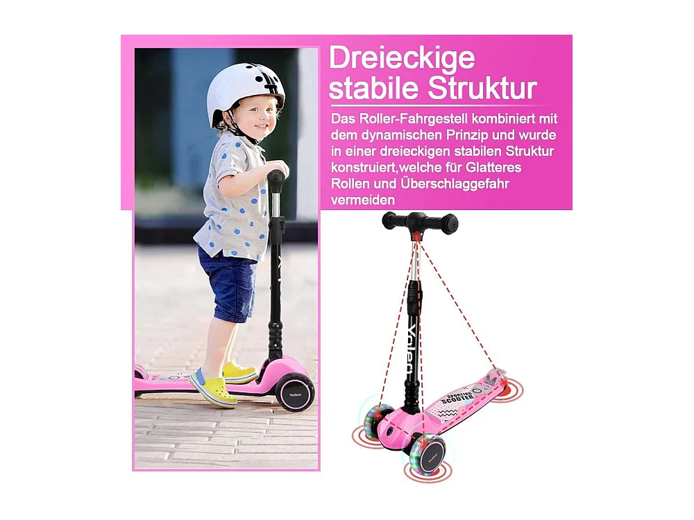 Trottinette Enfant YOLEO avec Roues LED, 4 Positions Réglables en Hauteur, Guidon Pliable, à partir de 3 Ans