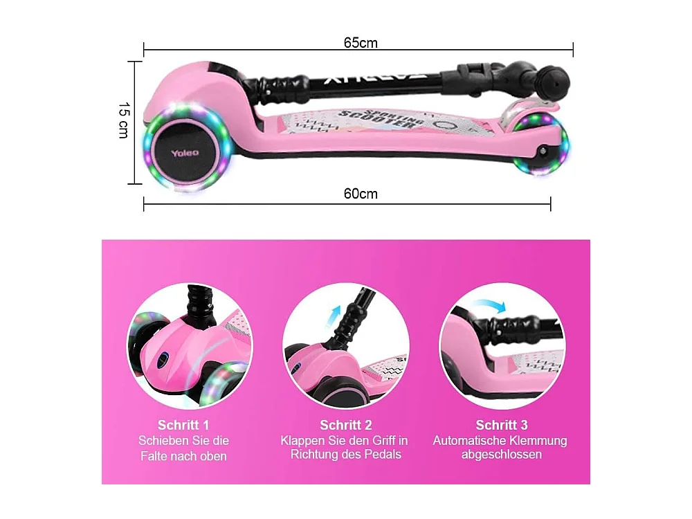 Trottinette Enfant YOLEO avec Roues LED, 4 Positions Réglables en Hauteur, Guidon Pliable, à partir de 3 Ans