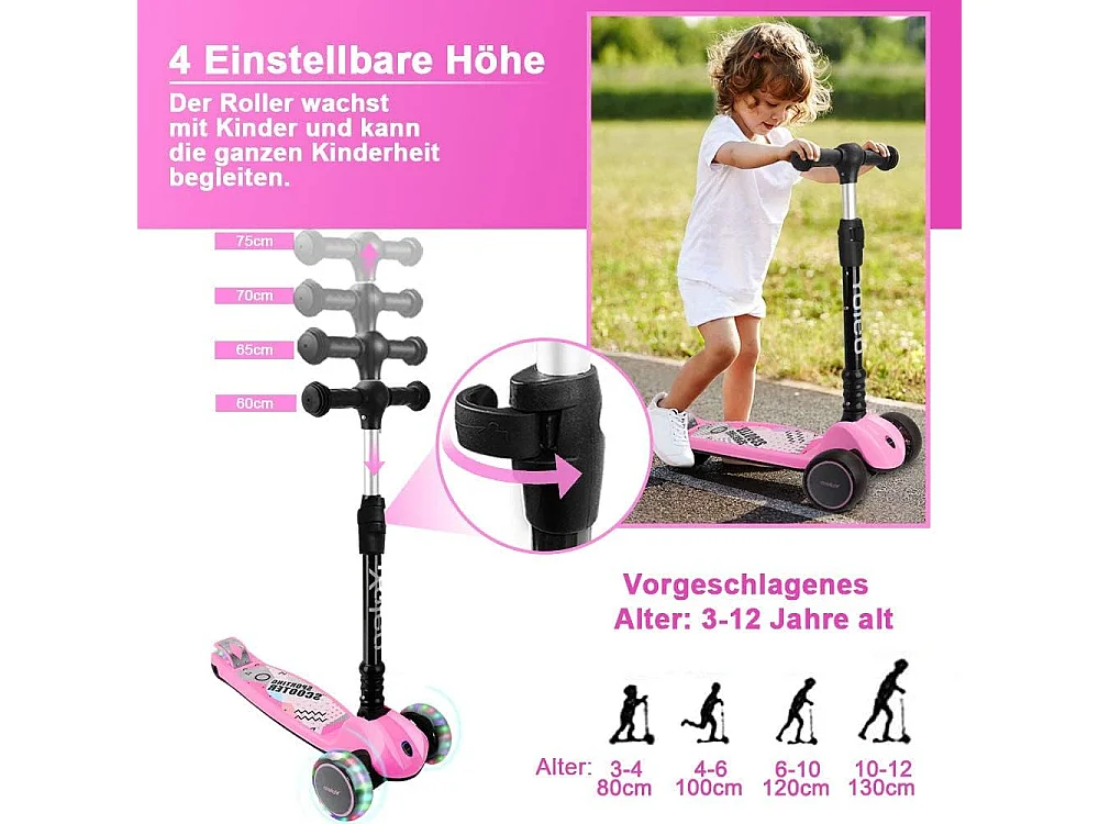 YOLEO Kinderstep met LED-wielen, 4 Hoogteverstellingen, Opvouwbaar Stuur, vanaf 3 Jaar