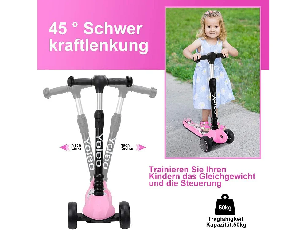 YOLEO Kinderstep met LED-wielen, 4 Hoogteverstellingen, Opvouwbaar Stuur, vanaf 3 Jaar