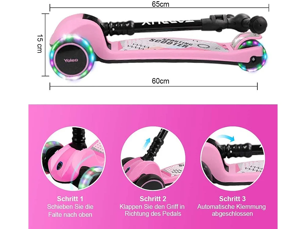 YOLEO Kinderstep met LED-wielen, 4 Hoogteverstellingen, Opvouwbaar Stuur, vanaf 3 Jaar