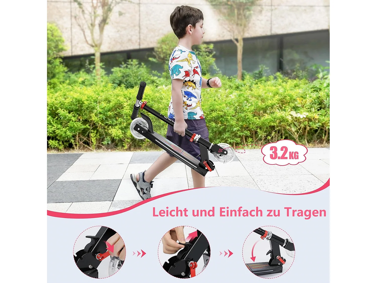 Trottinette Enfant TONBUX avec 2 Roues Lumineuses, Potence et Plateforme, 3 Poignées Réglables en Hauteur, Légère, pour 5-12 Ans