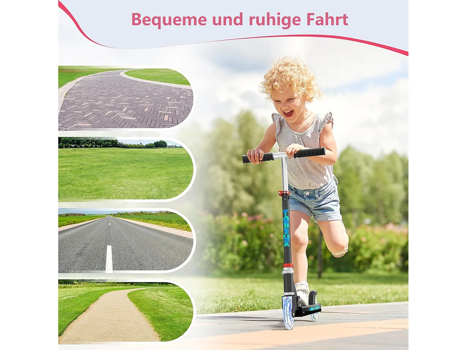 Trottinette Enfant TONBUX avec 2 Roues Lumineuses, Potence et Plateforme, 3 Poignées Réglables en Hauteur, Légère, pour 5-12 Ans