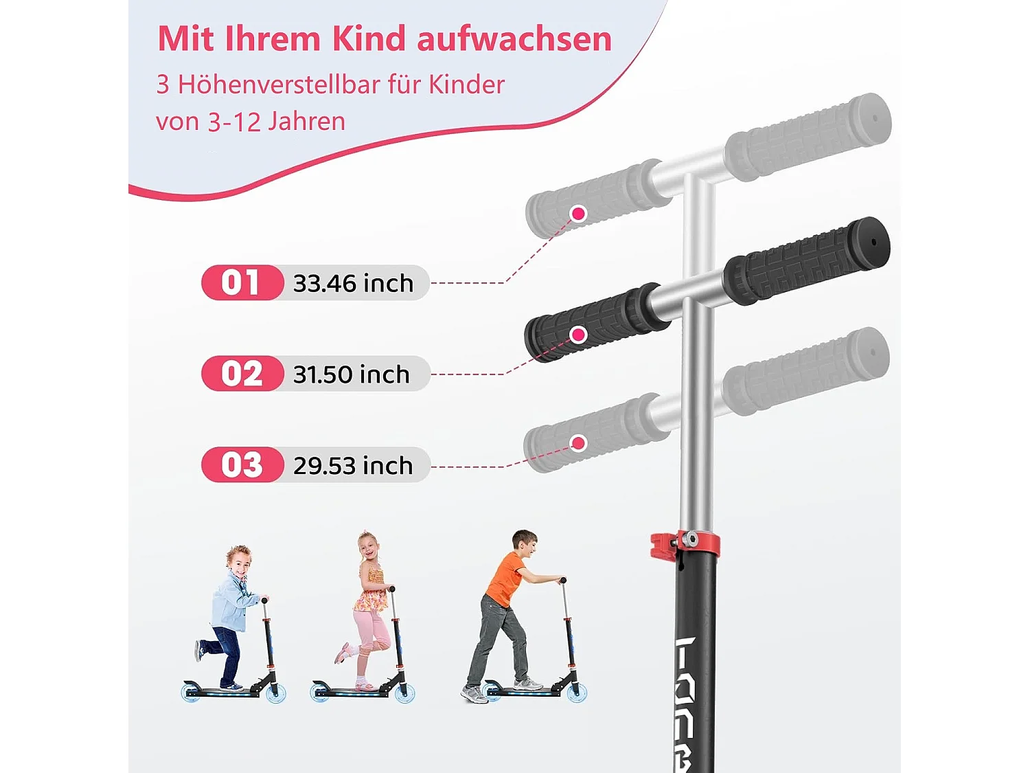 Trottinette Enfant TONBUX avec 2 Roues Lumineuses, Potence et Plateforme, 3 Poignées Réglables en Hauteur, Légère, pour 5-12 Ans