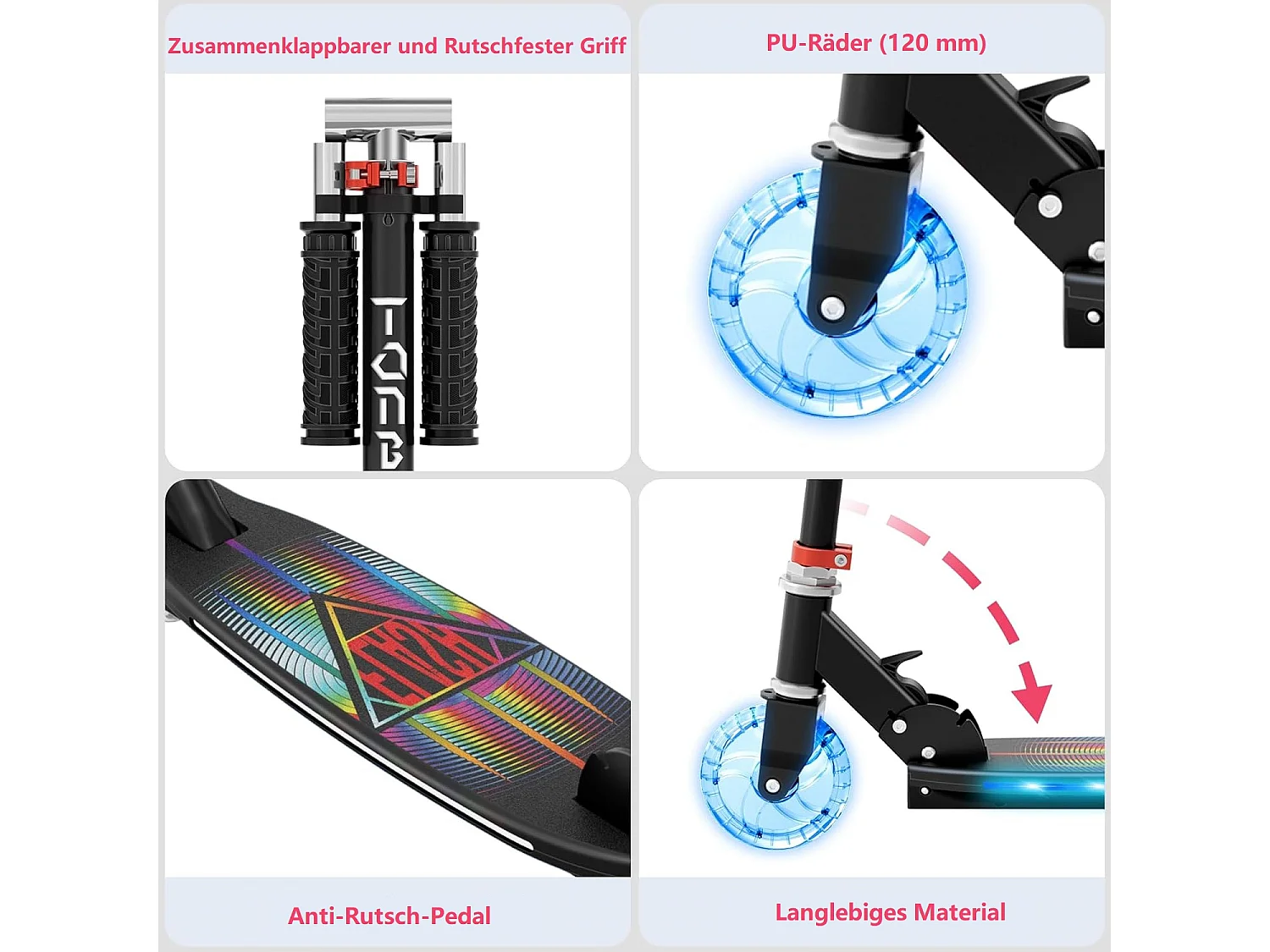 Trottinette Enfant TONBUX avec 2 Roues Lumineuses, Potence et Plateforme, 3 Poignées Réglables en Hauteur, Légère, pour 5-12 Ans