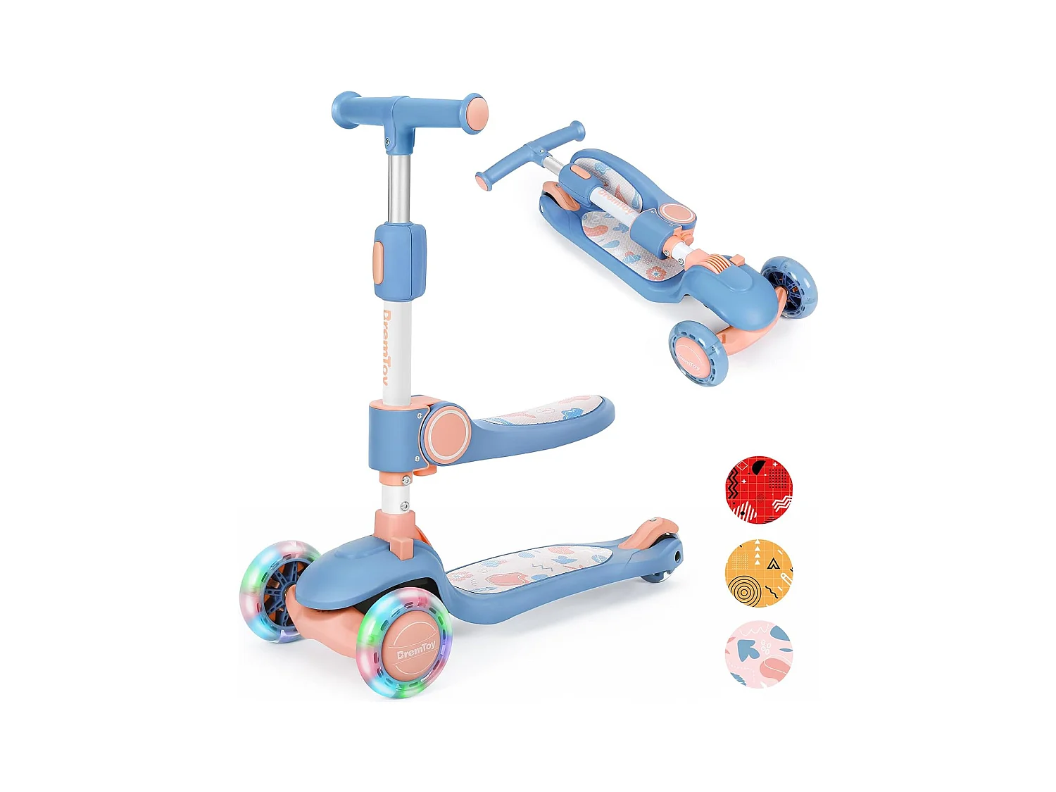 Trottinette Enfant Pliable BremToy avec Siège, Roues LED et Guidon Réglable en Hauteur pour 2-8 Ans